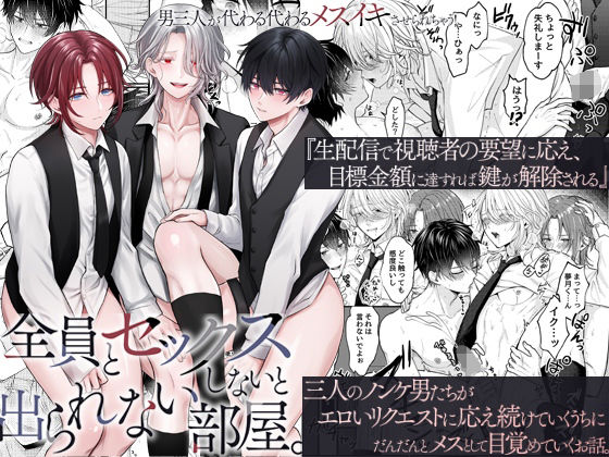 BL（ボーイズラブ）❤全員とセックスしないと出られない部屋。男三人が代わる代わるメスイキさせられちゃう！｜